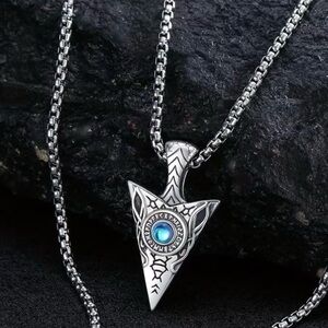 Viking Arrowhead Pendant Necklace with Blue Rhinestone